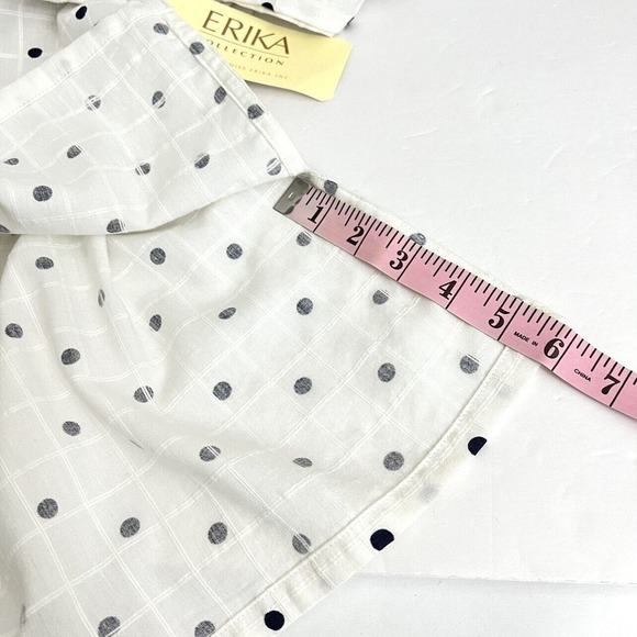 Erika Blouse Long Sleeve Collar Button White‎ Navy Polkadots Side Slits New - Picture 10 of 15